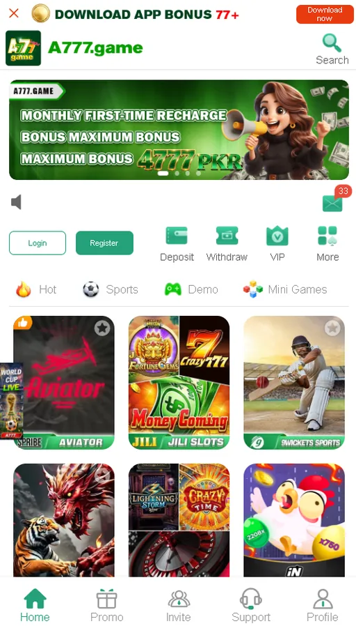 A777 apk home screen showing slots, live games, bonuses and the deposit menu
